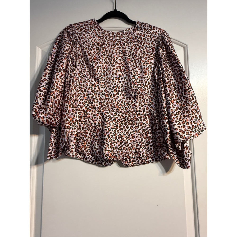 Topshop Leopard Print Blouse 4 Multicolor Peplum Puff Sleeve Trendy Edgy Chic